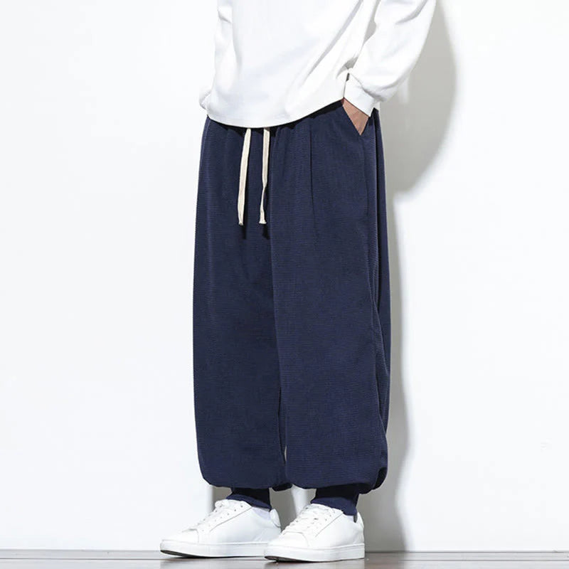 Buddha Stones Fall Plain Drawstring Simple Design Men's Harem Cotton Corduroy Pants With Pockets