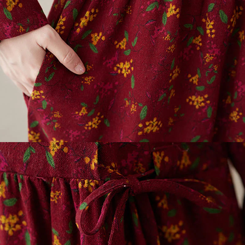 Buddha Stones Ethnic Printing Floral Long Sleeve Buttons Design Cotton Linen Midi Dress With Pockets