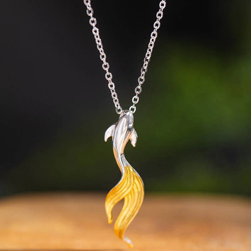 Buddha Stones 925 Sterling Silver Golden Koi Fish Luck Necklace Pendant