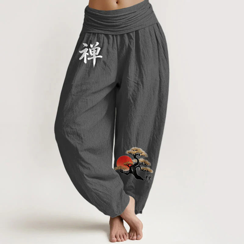 Buddha Stones Pure Cotton Simple Style Sun Pine Chinese Character Pattern Women's Elastic Waist Harem Pants
