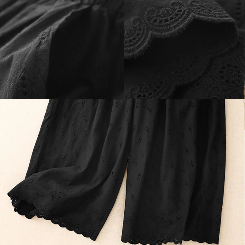 Buddha Stones Summer Vintage Embroidery Lace Hem Patchwork Design Women's Wide Leg Cotton Pants With Pockets