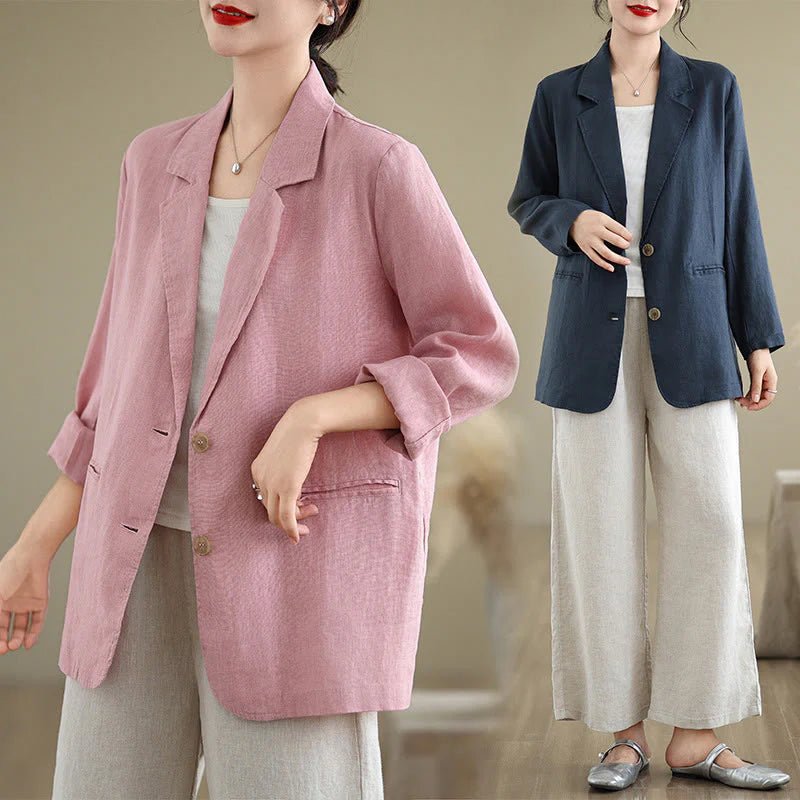 Buddha Stones Spring Solid Color Long Sleeve Cotton Linen Women's Jacket With Pockets