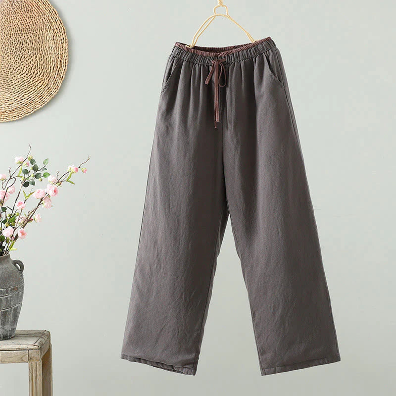 Buddha Stones Winter Contrasting Drawstring Cotton Linen Women's Wide Leg Pants With Pockets
