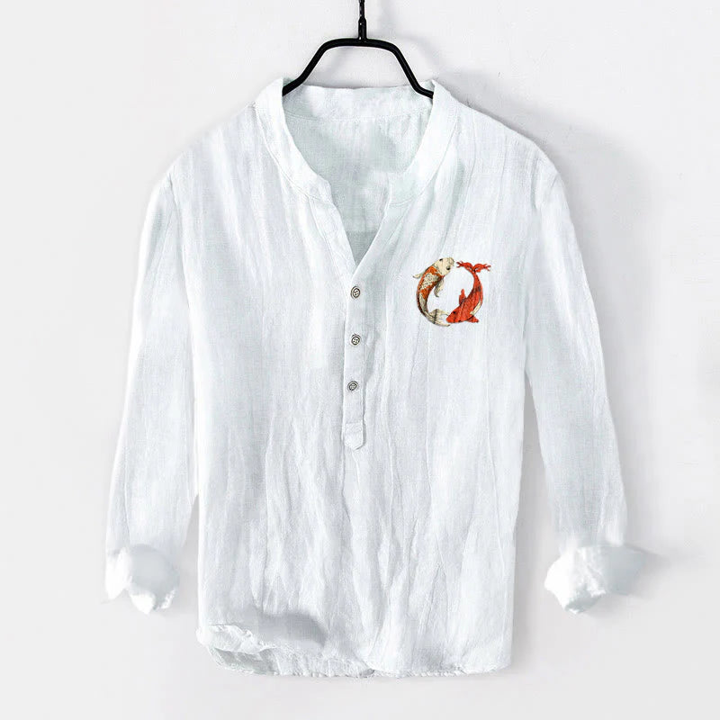 Buddha Stones Red White Koi Fish Yin Yang Pattern Half Buttons Men's Cotton Linen Long Sleeve Shirt