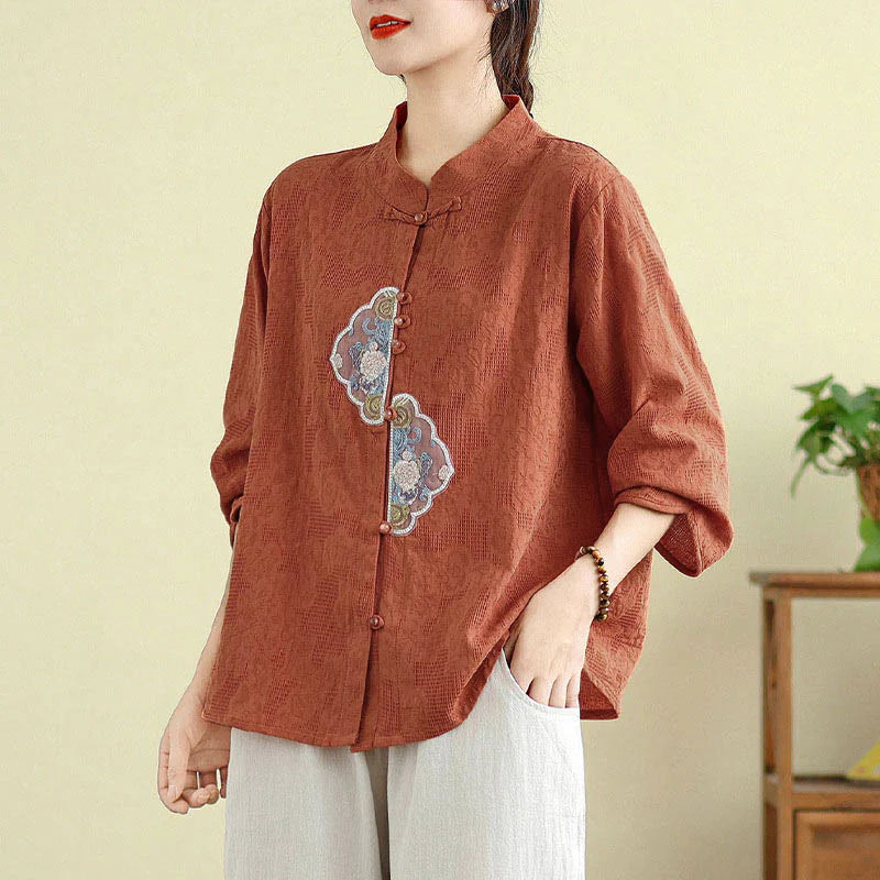 Buddha Stones Flower Embroidery Jacquard Three Quarter Sleeve Frog-Button Cotton Women's Shirt