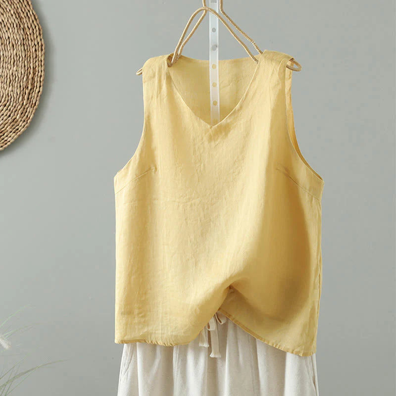 Buddha Stones Vintage Pure Color V-Neck Cotton Sleeveless Women's Vest Waistcoat