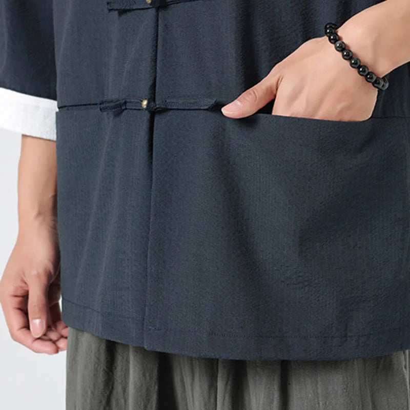 Buddha Stones Spring Solid Color Three Quarter Sleeve Tang Suit Men's Buttons Shirt With Pockets