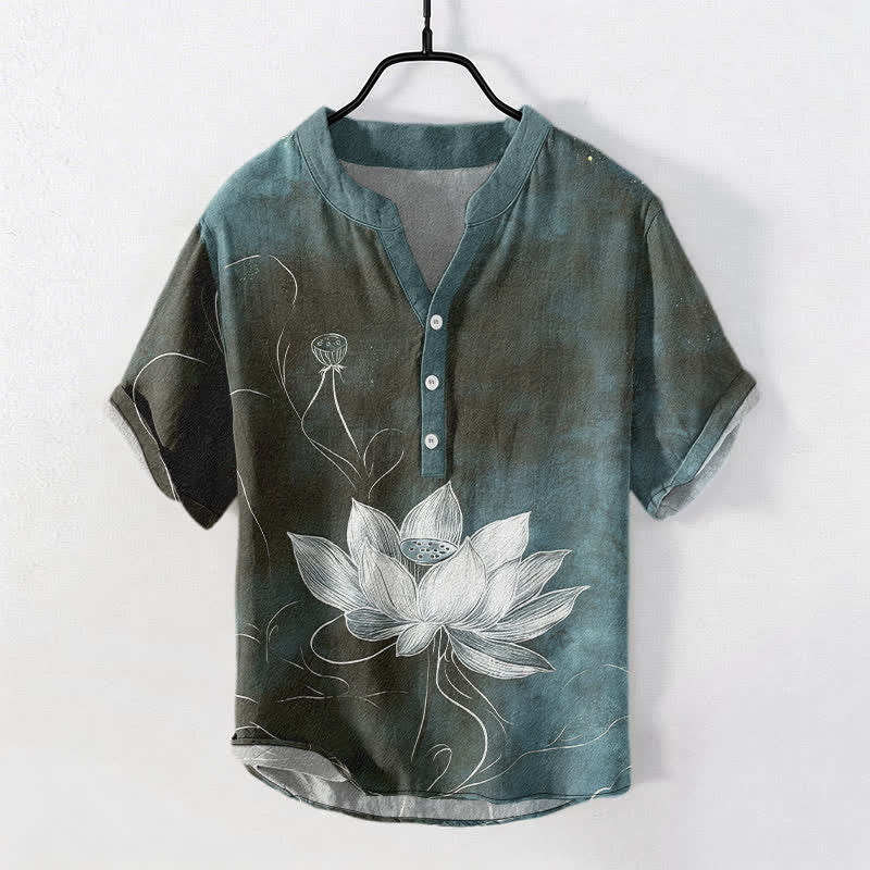 Buddha Stones Cotton Lotus Pattern Men's Short Sleeve Half Button Shirt