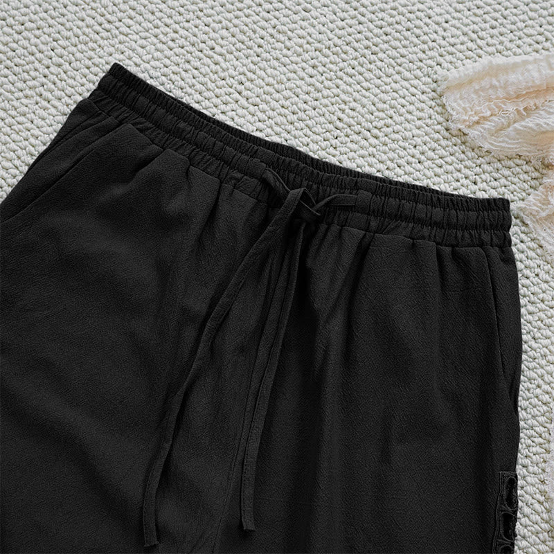 Buddha Stones Summer Plain Color Splicing Design Cotton Linen Women's Pants With Pockets