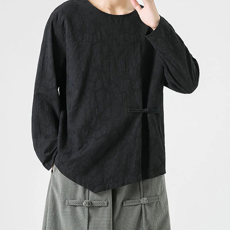 Buddha Stones Men's Chinese Frog-Button Plain Design Cotton Long Sleeve T-Shirt Zen Clothing