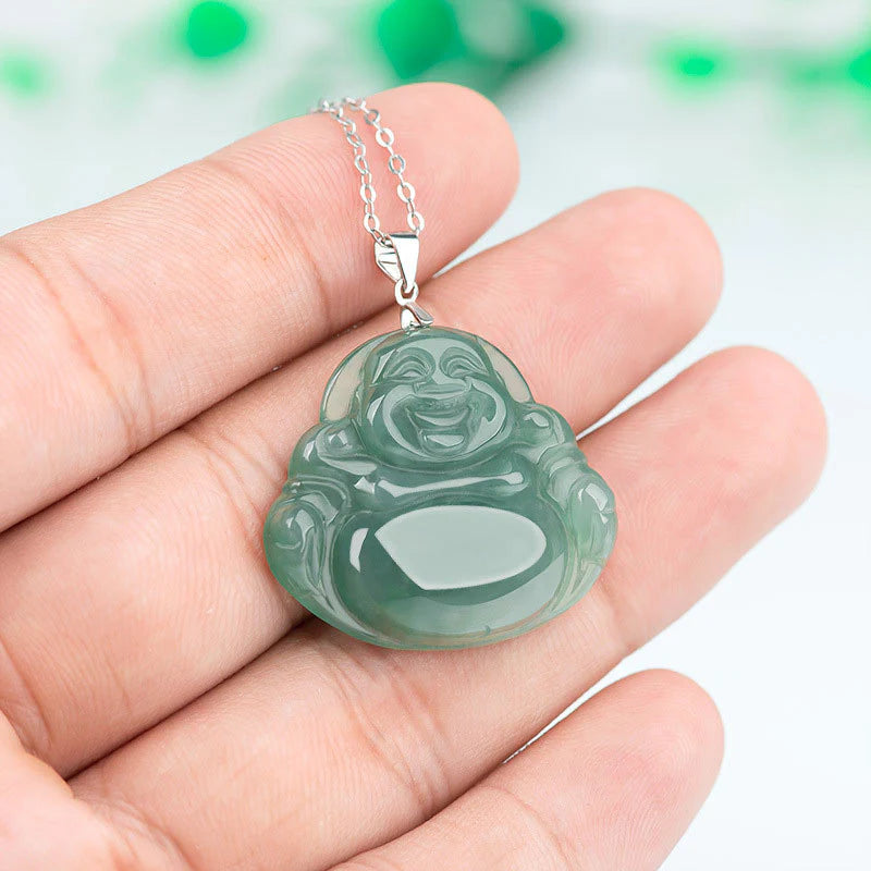 Buddha Stones Laughing Buddha Jade Protection Calm Titanium Steel Chain Necklace Pendant