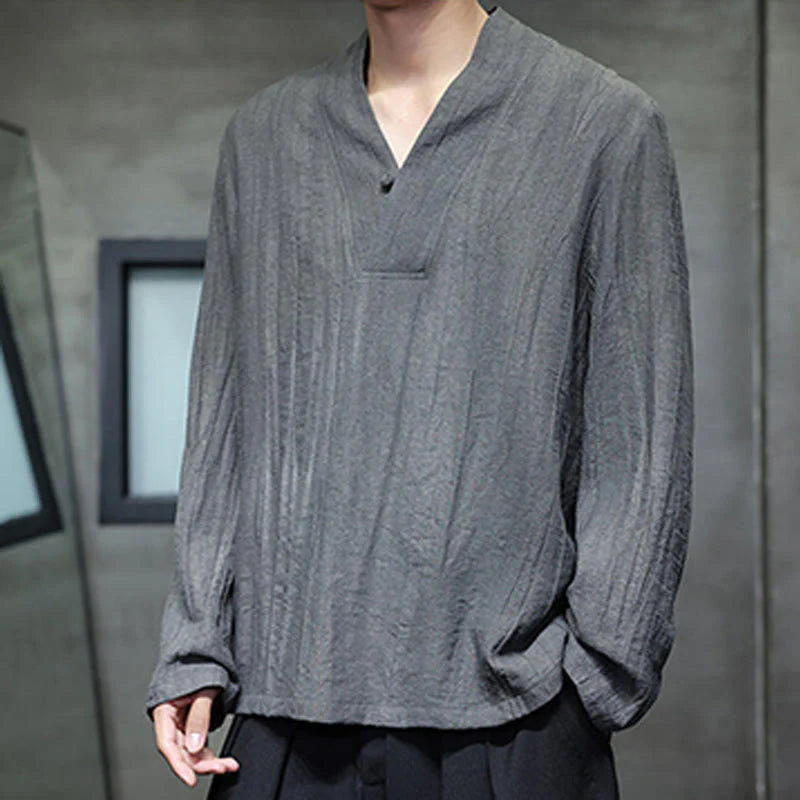 Buddha Stones Plain V-Neck Long Sleeve Men's Linen Shirt