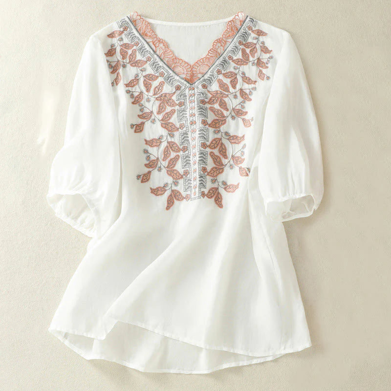 Buddha Stones Embroidered Lace Casual Women's Cotton Linen Half Sleeve T-shirt