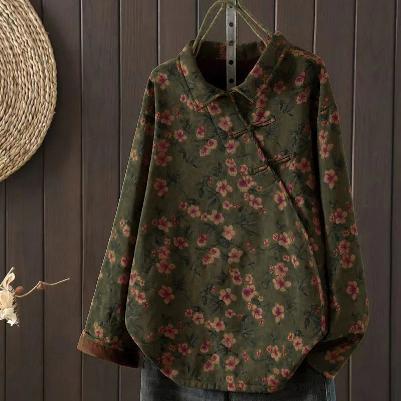Buddha Stones Winter Flower Green Leaves Frog-Button Stand Collar Long Sleeve Women's Cotton Shirt