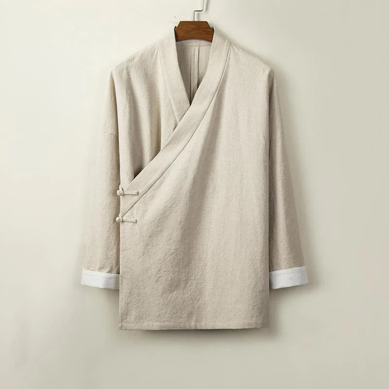 Buddha Stones Chinese Frog-Buttons Long Sleeve Design Open Front Jacket Men's Cotton Linen Kimono