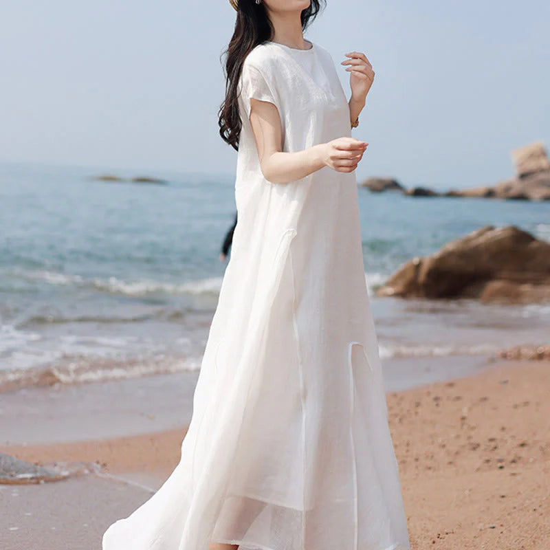 Buddha Stones Plain Irregular Hem Short Sleeve Cotton Linen Maxi Dress