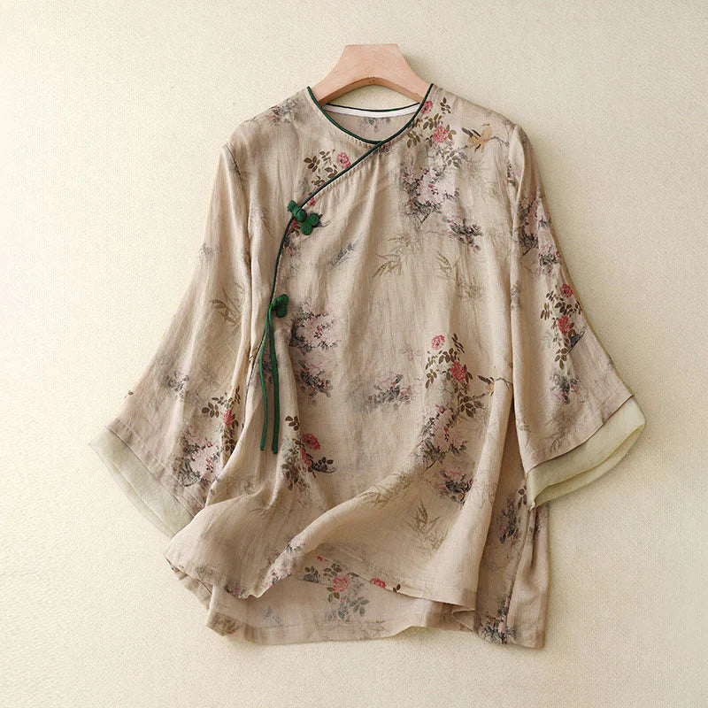 Buddha Stones White Orchid Red Flowers Frog-Button Design Three Quarter Sleeve Women's Shirt