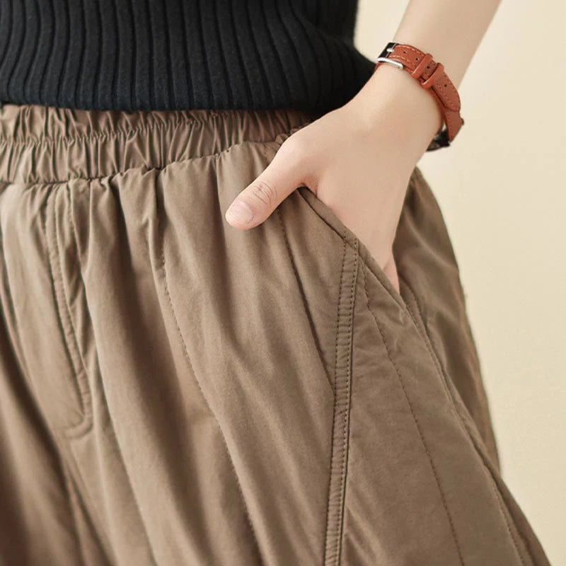 Buddha Stones Winter Plain High Waist Cotton Women's Harem Thermal Elastic Waist Pants With Pockets
