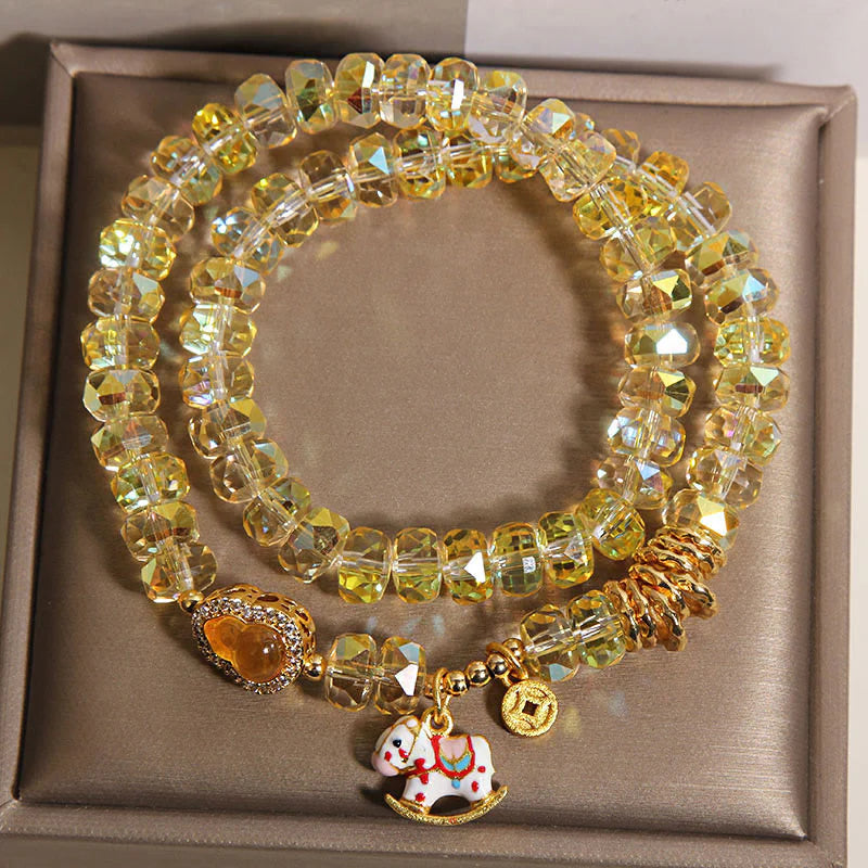 Buddha Stones Chinese Zodiac Year Of The Horse Crystal Glass Copper Coin Gourd Double Wrap Bracelet