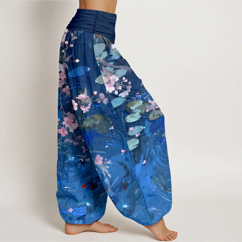 Buddha Stones Pure Cotton Sakura Blossoms Koi Fish Lotus Leaves Women's Elastic Waist Harem Pants