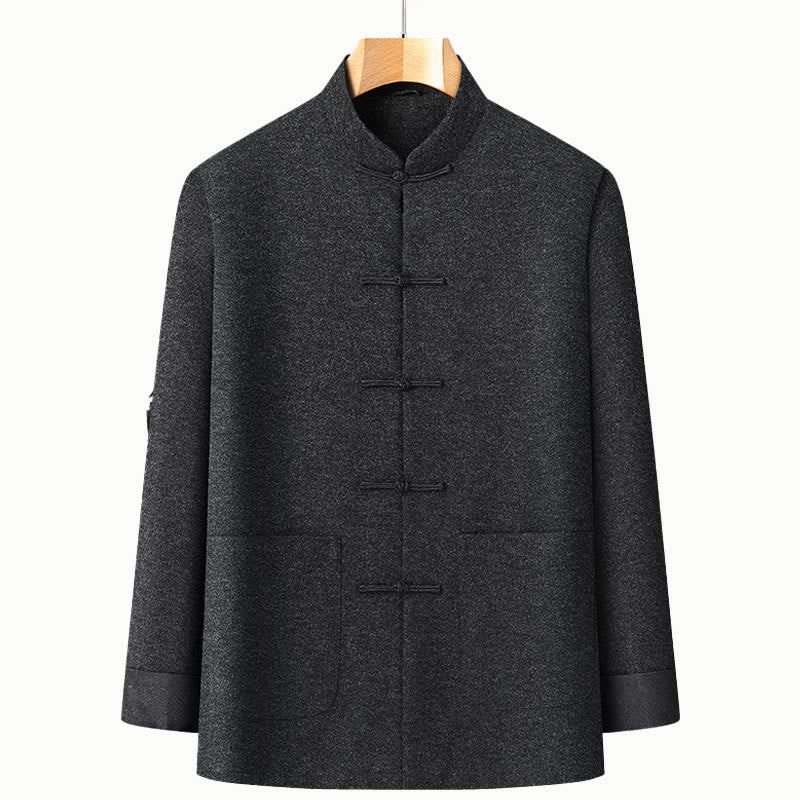 Buddha Stones Men's Fall Pure Color Frog-button Long Sleeve Cotton Tang Suit Jacket With Pockets