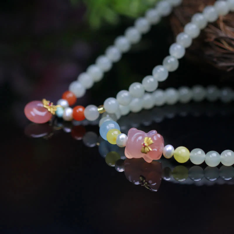 Buddha Stones Natural Hetian Jade Pink Crystal Peace Buckle Happiness Abundance Bracelet