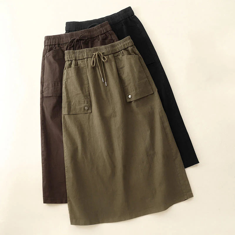 Buddha Stones Vintage Plain Drawstring Button Design Slide Slite Women's Cotton Linen 7-8 Length Skirt With Pockets