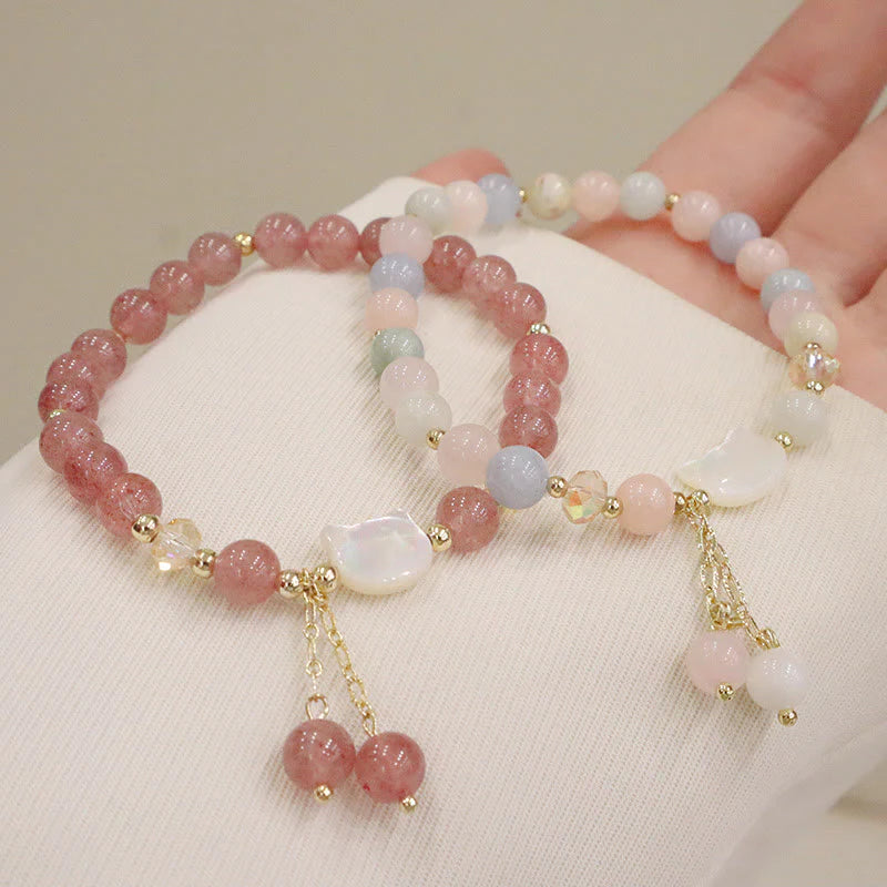 Buddha Stones Natural Strawberry Quartz Morganite Tridacna Stone Cat Love Bracelet