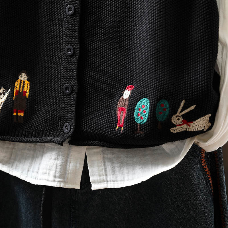 Buddha Stones Figure Rabbit Tree Embroidery Buttons Women's Sleeveless Cotton Knitted Vest Waistcoat
