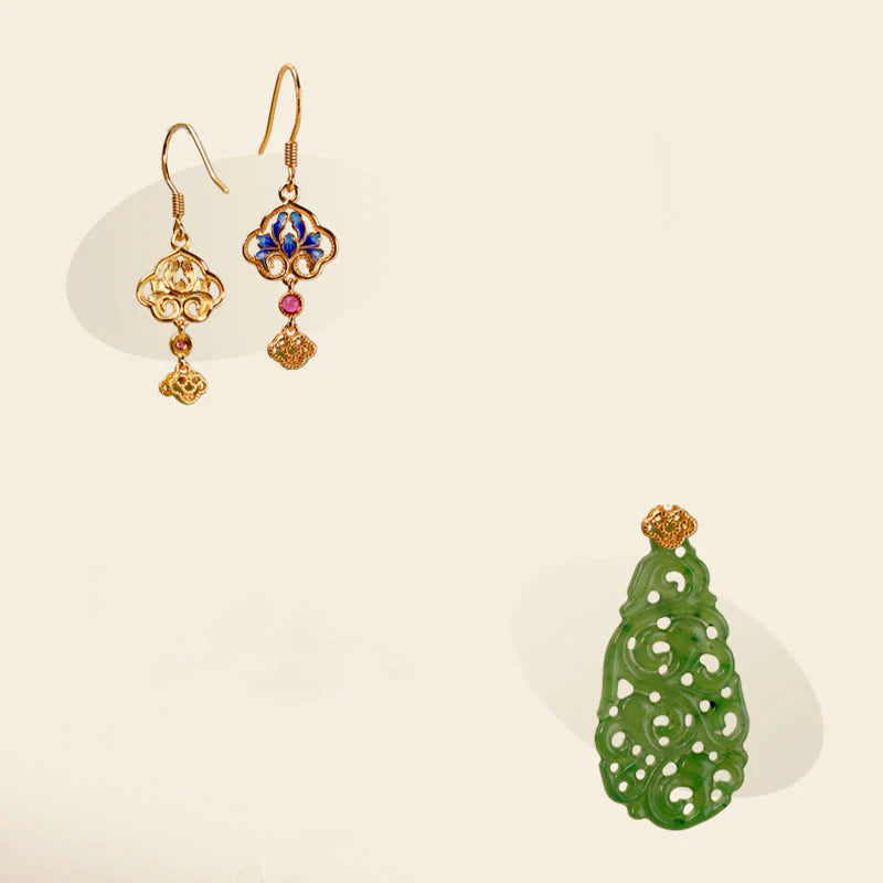 Buddha Stones Hollow Hetian Jade Enamel 925 Sterling Silver Prosperity Earrings