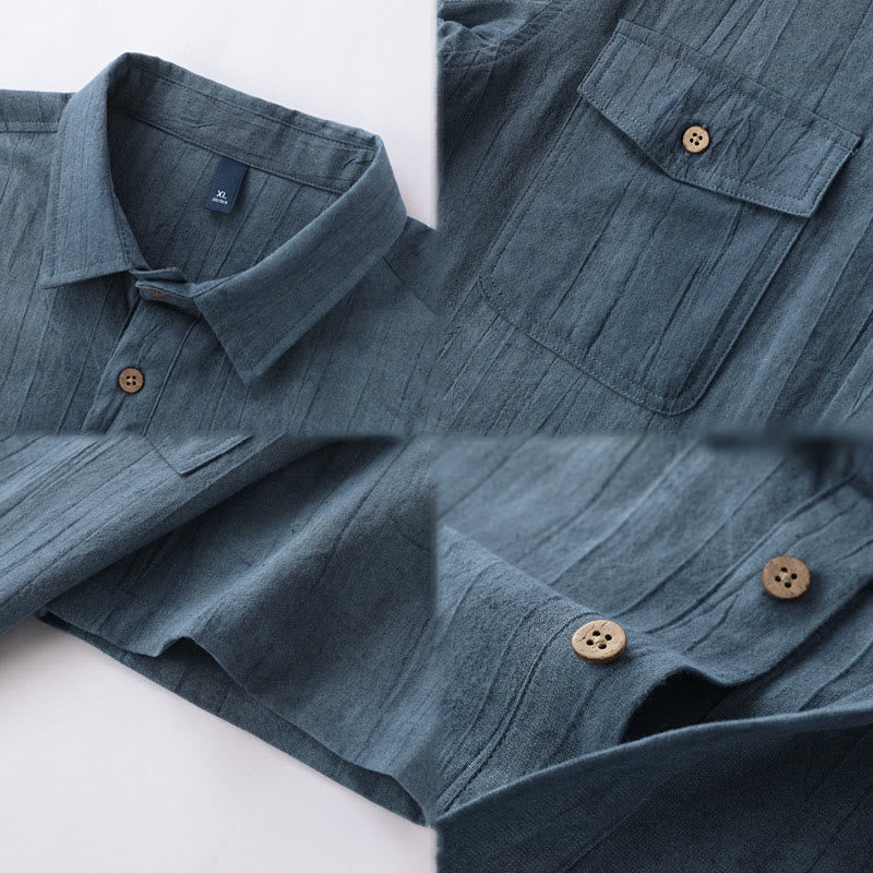 Buddha Stones Summer Solid Pleated Design Men's Half Button Short Sleeve Cotton Ramie Shirt