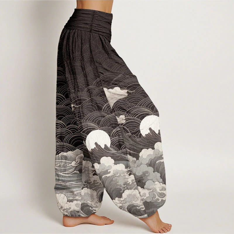 Buddha Stones Pure Cotton Casual Wave Moon Mountain Pattern Women's Elastic Waist Harem Pants