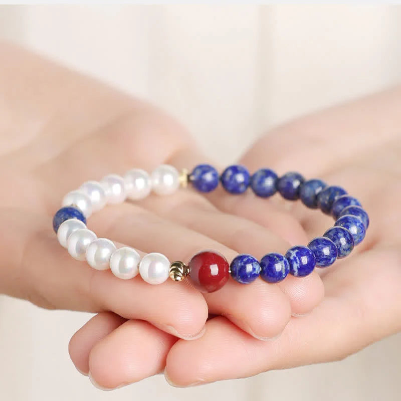 Buddha Stones Lapis Lazuli Lazurite Pearl Cinnabar Positive Beaded Bracelet