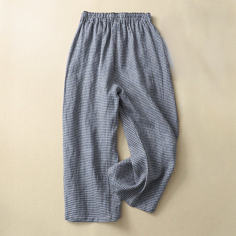 Buddha Stones Commute Casual Checkered Pattern 7-8 Length Women's Wide Leg Cotton Linen Pants With Pockets