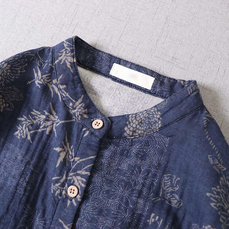 Buddha Stones Commute Bamboo Floral Pattern Long Sleeve Buttons Women's Cotton Midi Dress With Pockets