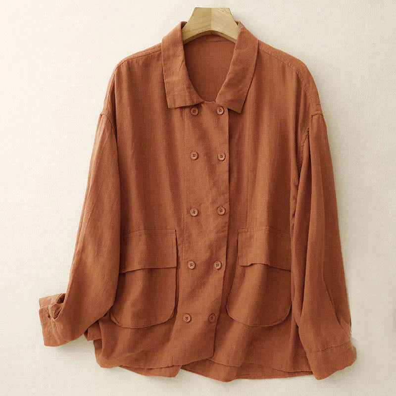 Buddha Stones Double‑Breasted Design Long Sleeve Women's Cotton Jacket With Pockets