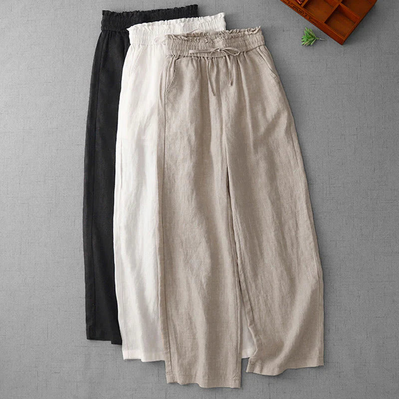 Buddha Stones Casual High Waist Ruffled Drawstring Design Women's Wide Leg Cotton Pants With Pockets
