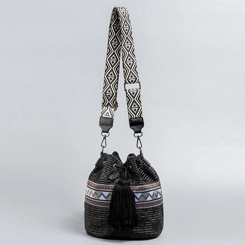 Buddha Stones Beach Geometry Straw Woven Bucket Tassels Crossbody Bag Shoulder Bag