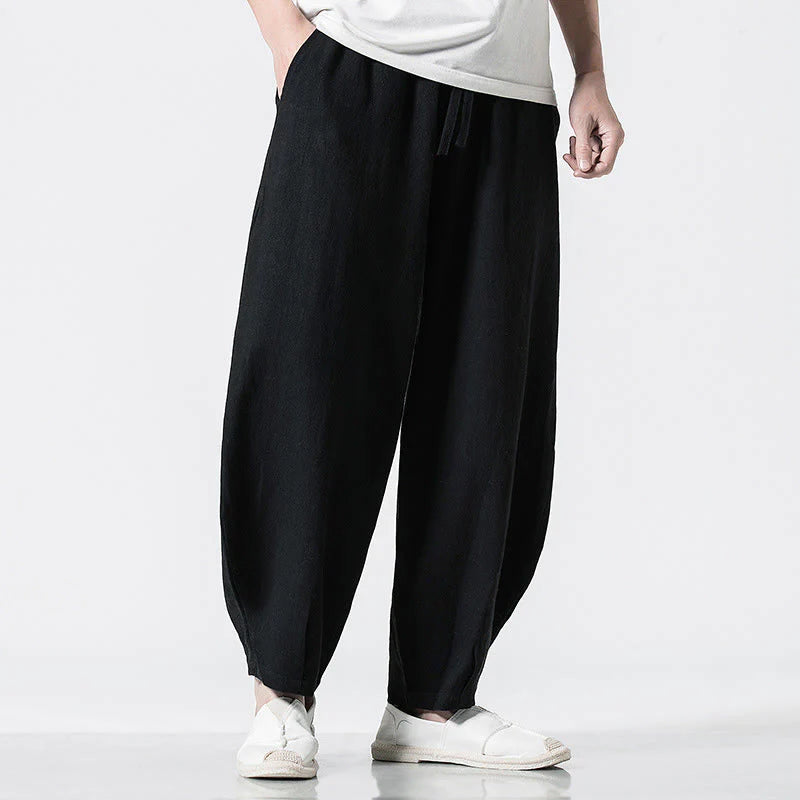 Buddha Stones Drawstring Elastic Waist Ankle-Length Men's Cotton Pants With Pockets
