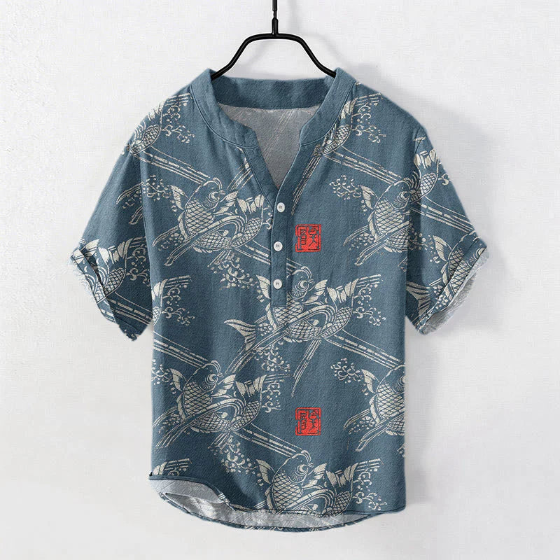 Buddha Stones Cotton Koi Fish Bamboo Pattern Men's Short Sleeve Half Button Shirt