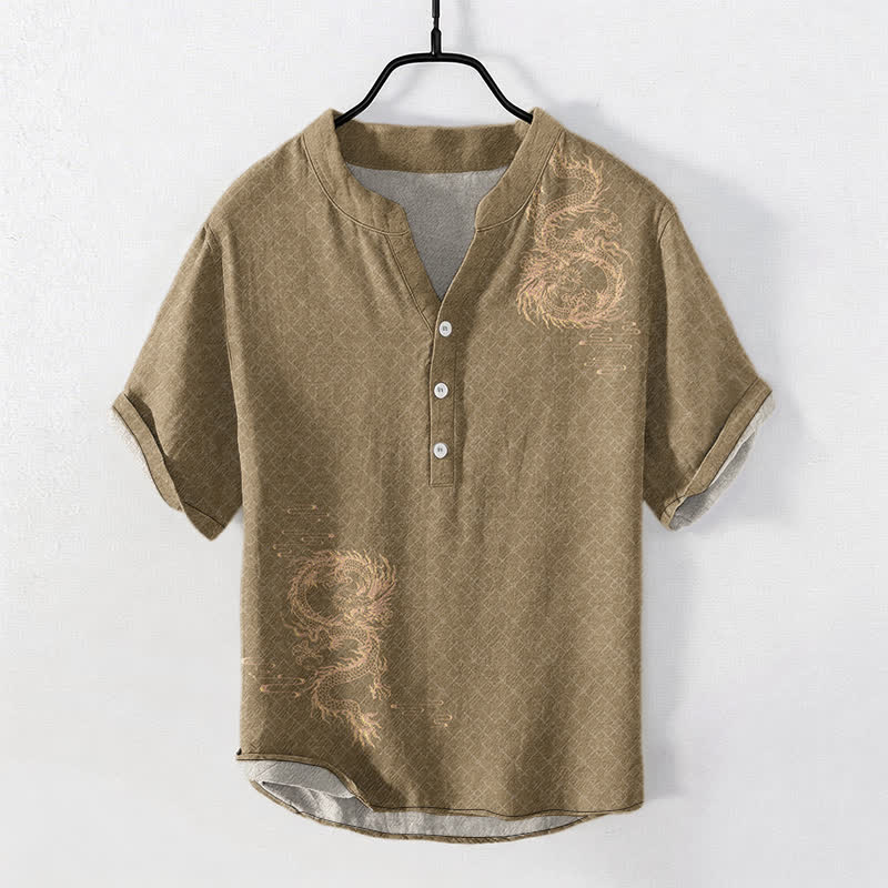 Buddha Stones Cotton Dragon Men's Short Sleeve Half Button Shirt