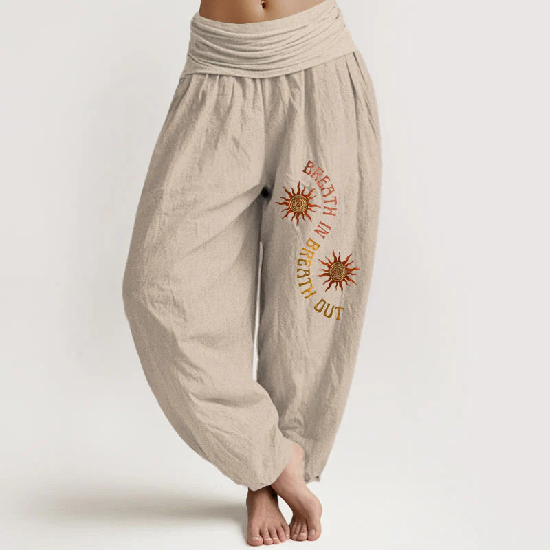 Buddha Stones Pure Cotton Warm Tones Sun English Phrases Pattern Women's Elastic Waist Harem Pants