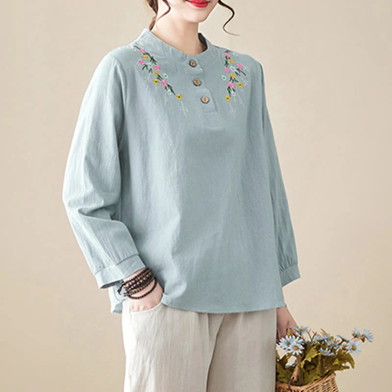 Buddha Stones Women's Spring Embroidered Flower Pattern Stand Collar Long Sleeve Cotton Shirt