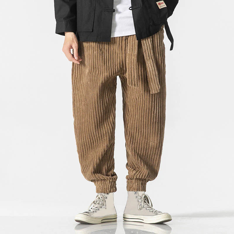 Buddha Stones Winter Solid Color Men's Ankle-Length Corduroy Pants With Pockets