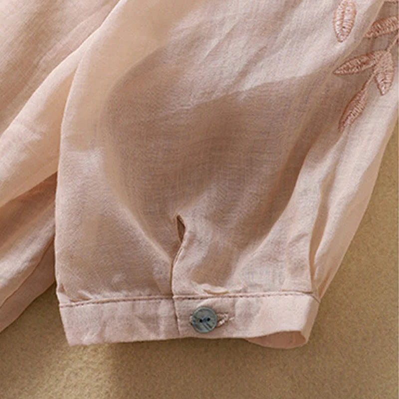 Buddha Stones Embroidery Leaves Women's Cotton Linen Half Sleeve T-shirt