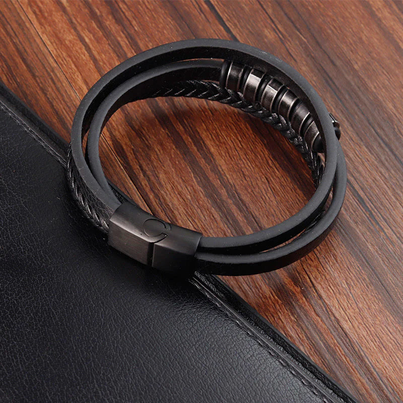 Buddha Stones Simple Titanium Steel Braided Three-layer Leather Buckle Calm Bracelet