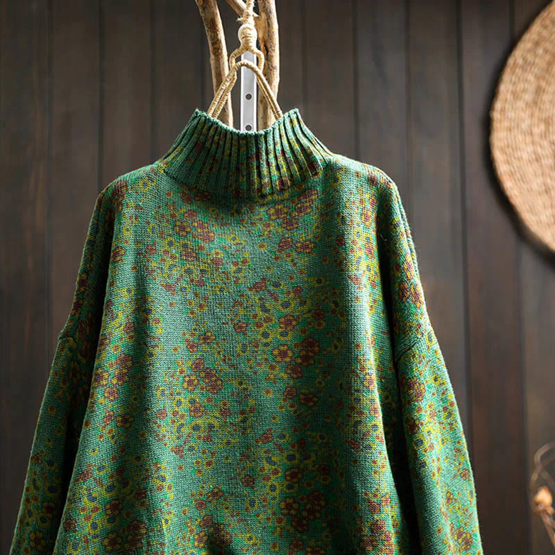 Buddha Stones Women's Knitted Floral Cotton Ribbed Hem Long Sleeve Mock Neck Sweater