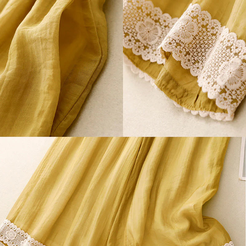 Buddha Stones Spring Vintage Casual Solid Color Lace Patchwork Cuff Women's Cotton Linen Wide Leg Pants With Pockets