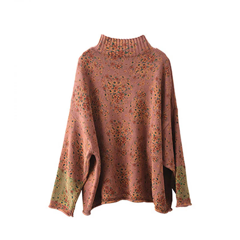 Buddha Stones Fall Printing Floral Long Sleeve Mock Neck Women's Knitted Cotton Sweater