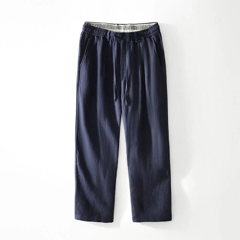 Buddha Stones Fall Solid Drawstring Elastic Waist Men's Linen Straight Leg Pants With Pockets